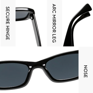 Detail view of square sunglasses with metal hinges, arc temples and comfortable nose pads
