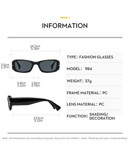 Detailed size chart for black rectangular sunglasses showing PC frame and 984 model specs