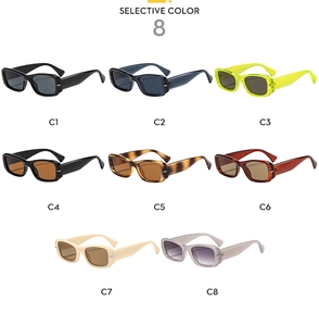 Matrix layout of retro rectangular sunglasses in eight selective colors with metal accents