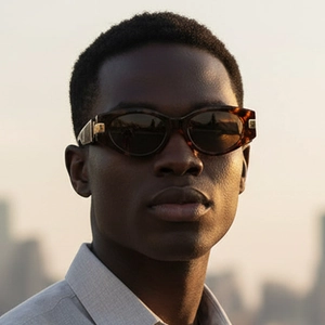 Retro oval tortoise shell sunglasses with golden metal accents worn by male model