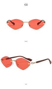 Détail de lunettes de soleil rouges sans monture avec branches en bois, vues de face et de profil