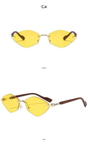 Vues de face et de profil de lunettes de soleil sans monture avec verres jaunes et branches bois