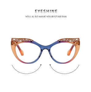 Detail of cat-eye glasses frame with blue-purple-orange gradient and hollow top pattern