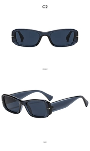 Detail view of C2 translucent blue rectangle sunglasses with silver metal hinges