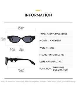 Tableau des tailles détaillé pour lunettes de soleil œil-de-chat Y2K avec dimensions précises