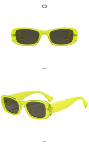 Detailed front and side views of fluorescent neon green square frame sunglasses