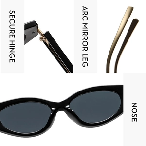 Detailed close-up showing secure hinges, arc legs and nose pads of cat eye sunglasses