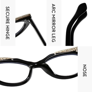 Detail view of cat-eye frames featuring golden hollow metal hinges and curved temples