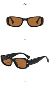 Front and side views of vintage square black sunglasses with brown lenses and silver rivets