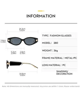 Size guide for vintage oval sunglasses with frame dimensions and material details