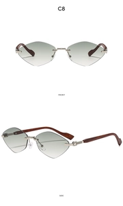 Lunettes de soleil géométriques sans monture avec branches aspect bois, vues de face