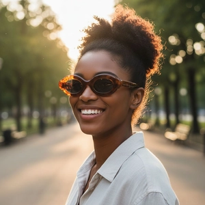 Close-up of tortoise shell oval sunglasses on a model in golden sunset lighting