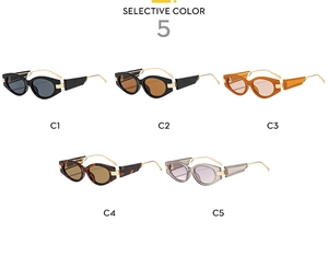 Five assorted vintage oval sunglasses with metal temples in multiple frame colors