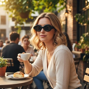 Close-up of black oval bubble sunglasses on model at an outdoor sunny cafe