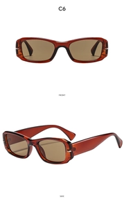 Front and side macro views of retro amber square sunglasses with dark brown lenses