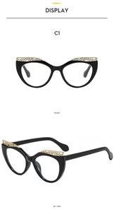 Front and 45-degree side views of black cat-eye glasses frames with gold hollow details