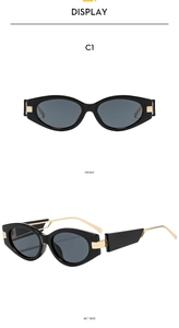 Front and side view of oval cat eye sunglasses with thick frames and gold metal temples