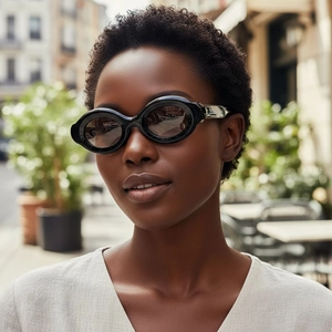 Outdoor street style photo of chic black oval thick frame sunglasses with dark lenses