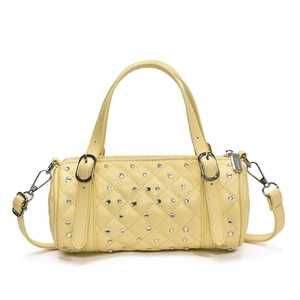 Sac cylindre jaune chic avec matelassage, strass brillants et bandoulière réglable