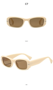 Detailed front and side views of rectangular beige sunglasses with silver metal accents