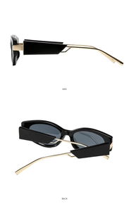 Side and back view of retro oval cat-eye sunglasses with gold metal temples