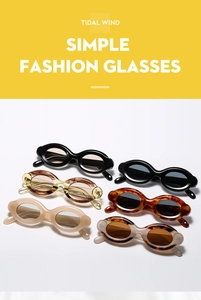 Close-up of retro oval sunglasses in multiple color options and tortoiseshell patterns