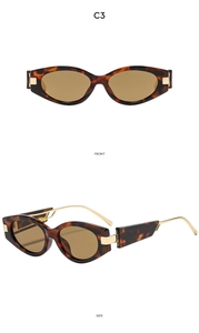 Detailed front and side views of vintage tortoiseshell cat eye sunglasses with brown lenses
