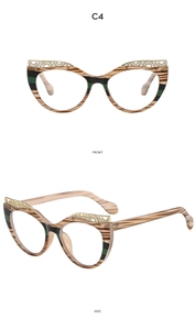 Front and side views of cat-eye glasses frames with multi-color stripes and gold accents