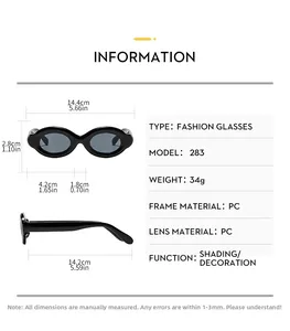 Detailed sizing chart and specifications for oval bubble-style fashion sunglasses