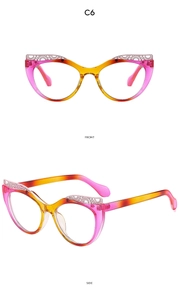 Detailed front and side view of cat-eye glasses with yellow to pink gradient frame
