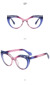 Detailed front and side view of cat-eye glasses with metal cutout patterns and purple gradient