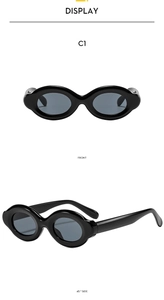 Front and 45-degree side views of black oval sunglasses with thick frames and grey lenses