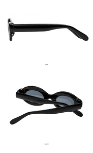 Side and back view of glossy black oval sunglasses with thick temples and dark lenses