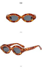 Detailed front and side views of tortoise shell oval sunglasses with thick wavy frames