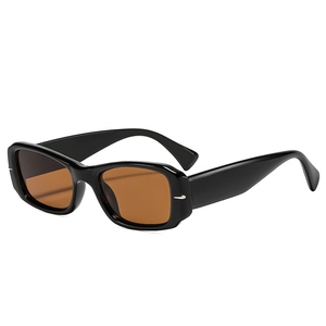 Retro rectangle sunglasses with black frame and brown lenses with silver stud accents