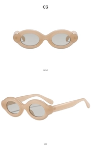 Detailed front and side view of oval bubble frame sunglasses in light khaki finish