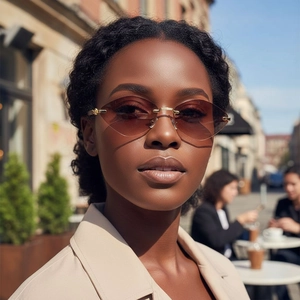Lunettes De Soleil Sans Monture Femmes Mode Coupe Diamant Verres Dégradés Métal Branches Texture Bois Rétro UV400