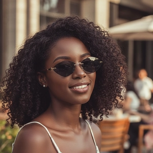 Élégantes lunettes de soleil œil-de-chat sans monture avec branches dorées portées par modèle