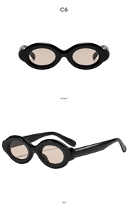 Front and side view of oval bubble sunglasses with black frame and brown lenses