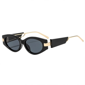 Retro oval cat-eye sunglasses with thick black frames and gold metal temple accents