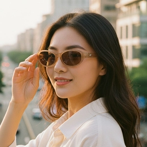 Retro oval cat eye sunglasses with light brown frames and dark brown lenses for women