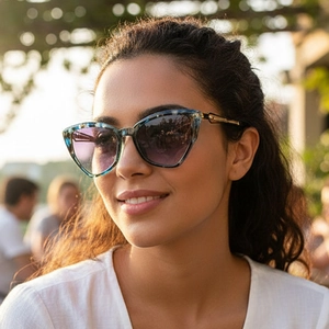 Retro cat eye sunglasses with blue tortoiseshell frames and purple gradient lenses