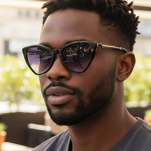Chic cat-eye sunglasses with black frame, gold metal temples and purple gradient lenses