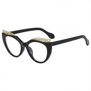 Classic cat-eye black eyeglasses frame with elegant golden filigree metal accents