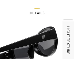 Detailed close-up of glossy black sunglasses frame featuring metal hinge and light texture