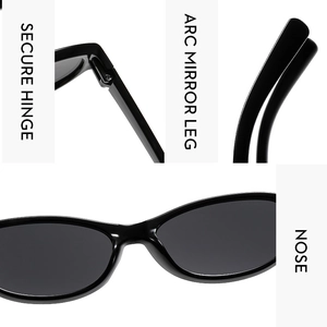 Detail view of secure hinges, ergonomic arc legs and comfort nose pads on sunglasses