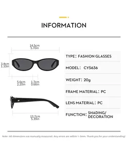 Detailed size chart for retro cat eye sunglasses showing PC frame and lens measurements