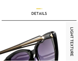 Detail of cateye sunglasses with gold geometric metal hinges and purple gradient lenses