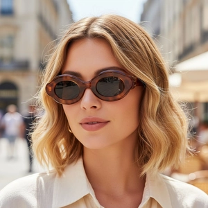 Retro oval tortoiseshell sunglasses with dark UV lenses on a model in sunny street