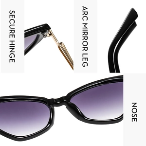 Detail view of cat eye sunglasses with secure metal hinges and ergonomic curved temples